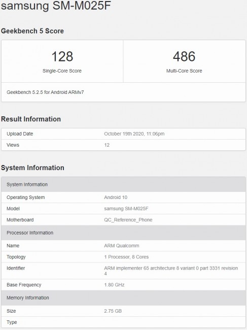 Geekbench Listing of the Samsung Galaxy M02 Reveals Few of its Specifications