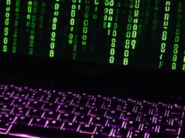Matrix-inspired code on a laptop keyboard
